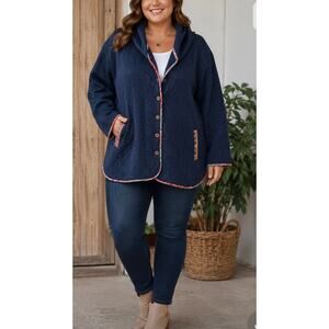 BloomChic Womens 26 4X Navy Quilted Hooded Jacket Floral Trim Button Plus Size